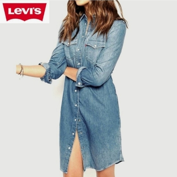 Levi's Long Sleeve Blue Western Denim Shirt Dress - Picture 1 of 14
